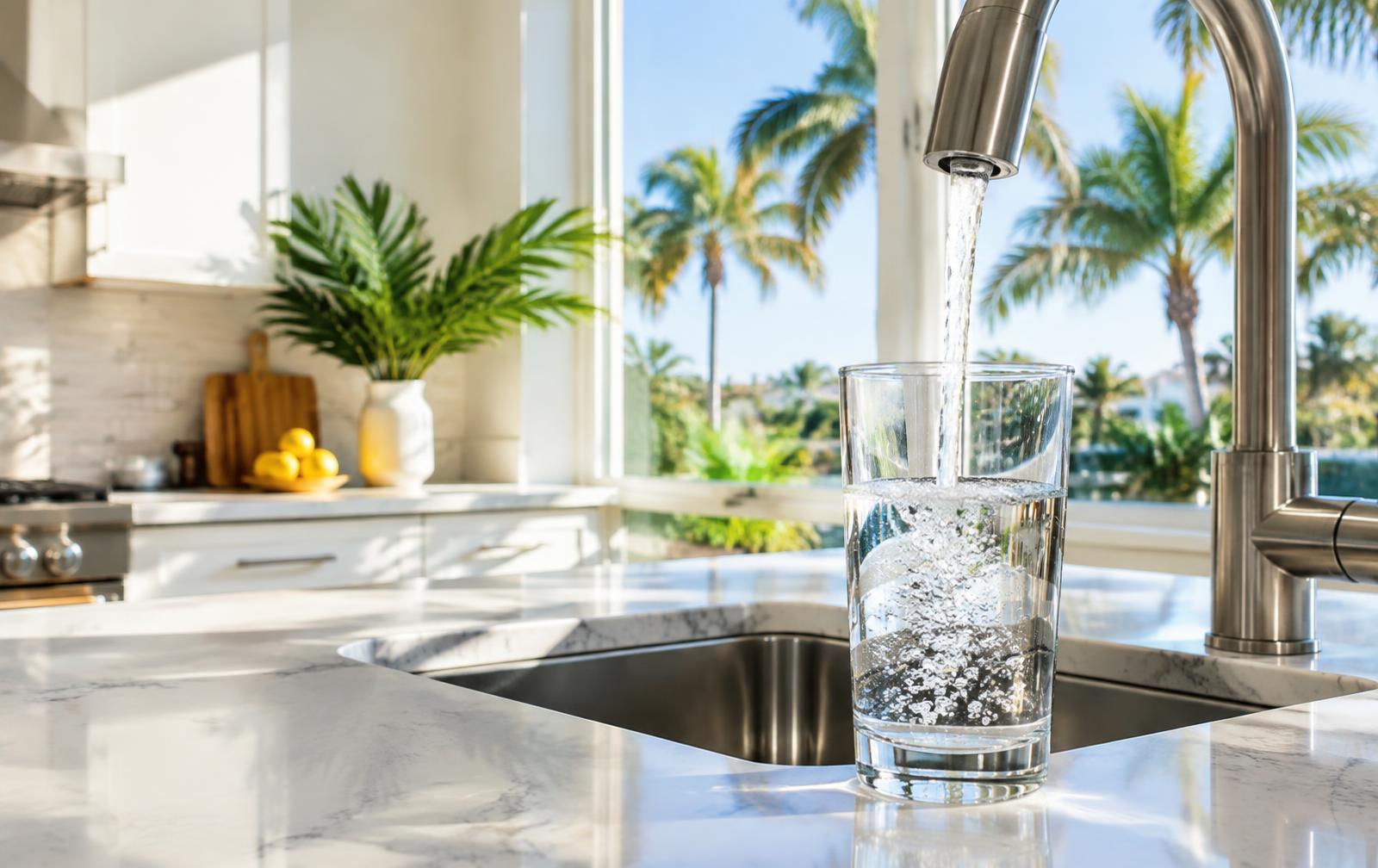 Clean water pouring into a glass in a sunny Florida kitchen
